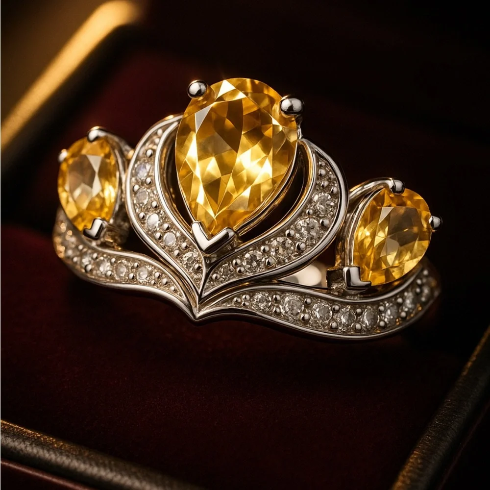 1.2CTW Genuine Citrine Diamond Diadem Ring November Birthstone